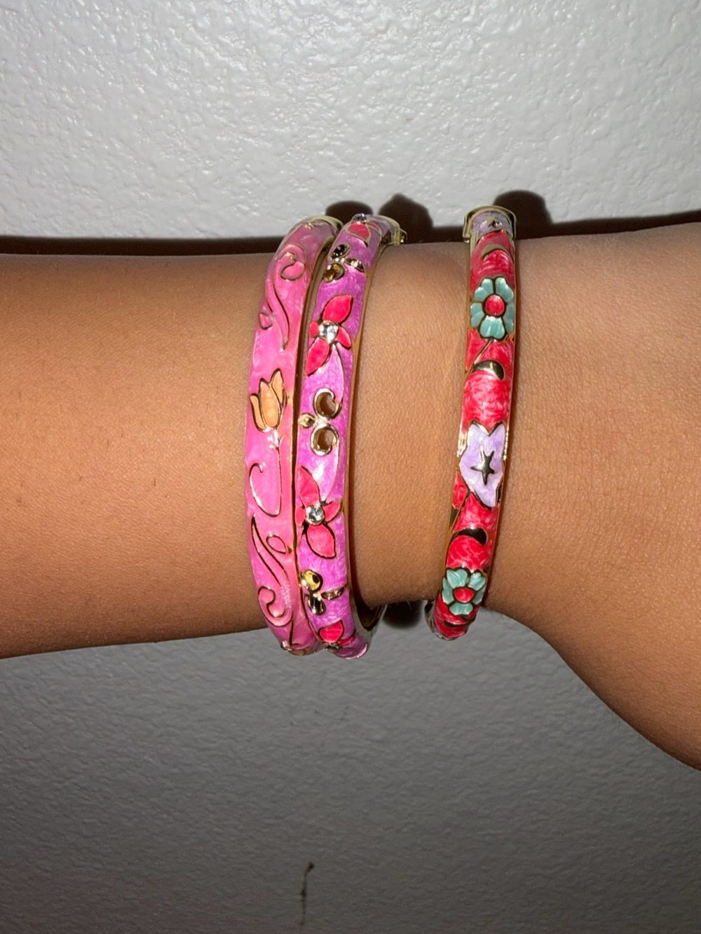 Floral Pink and Red Enamel Bangle Bracelets - Set of 3